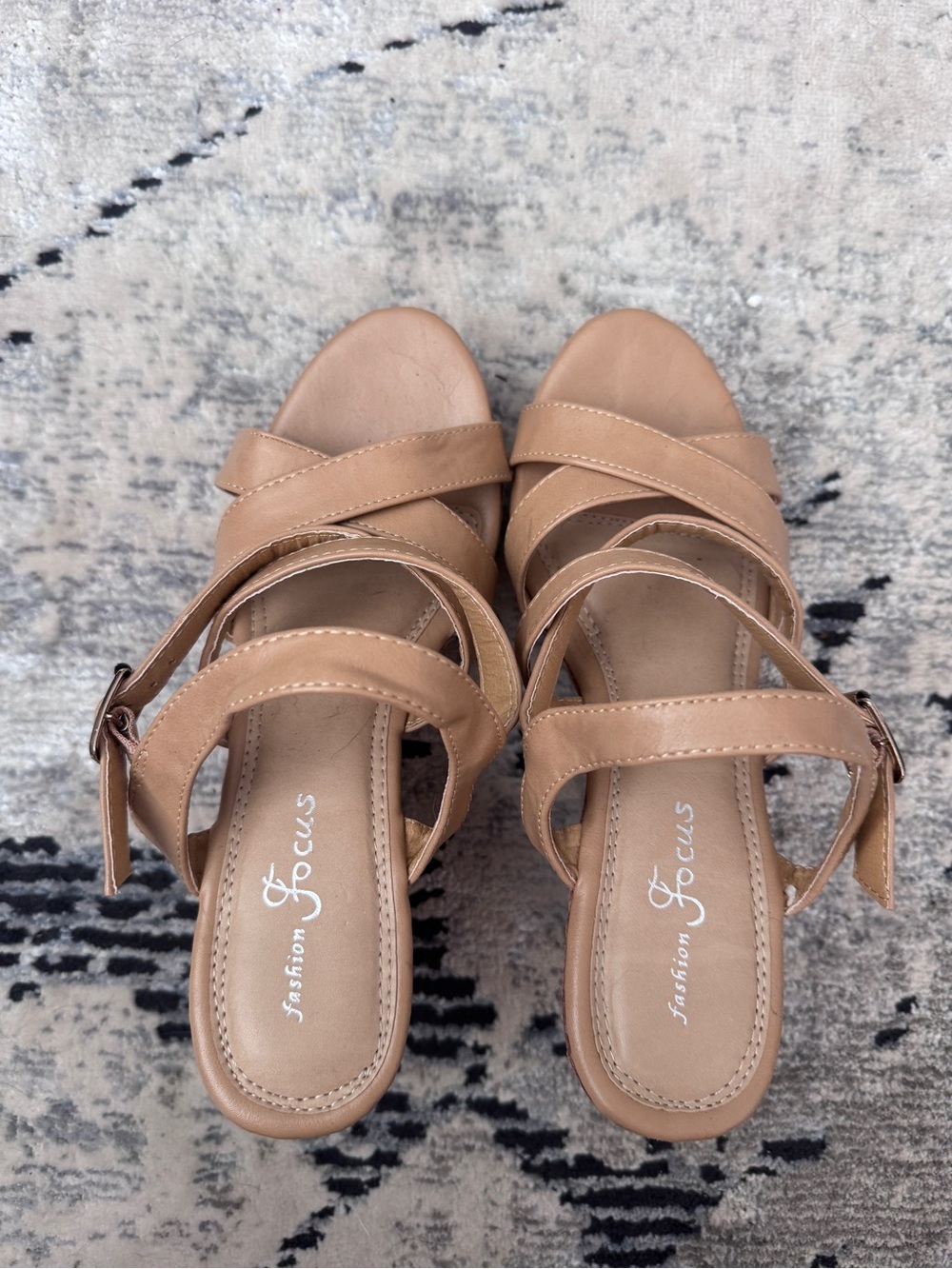 Women's Tan Strappy Block Wedges Sandals